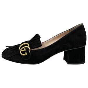 Gucci Black Suede Marmont Fringe Loafers Logo Buckle Block Heel – Size 40.5